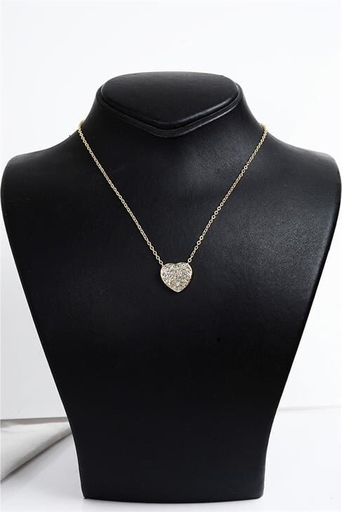 Kalp Tasarımlı Parlak Taşlı Gold Renkli Kolye