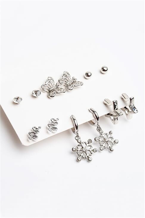 Kar Tanesi Kelebek ve Yılan Tasarımlı Yıldız Küpeli Top ve Tektaş Küpeli 6'lı Küpe Seti