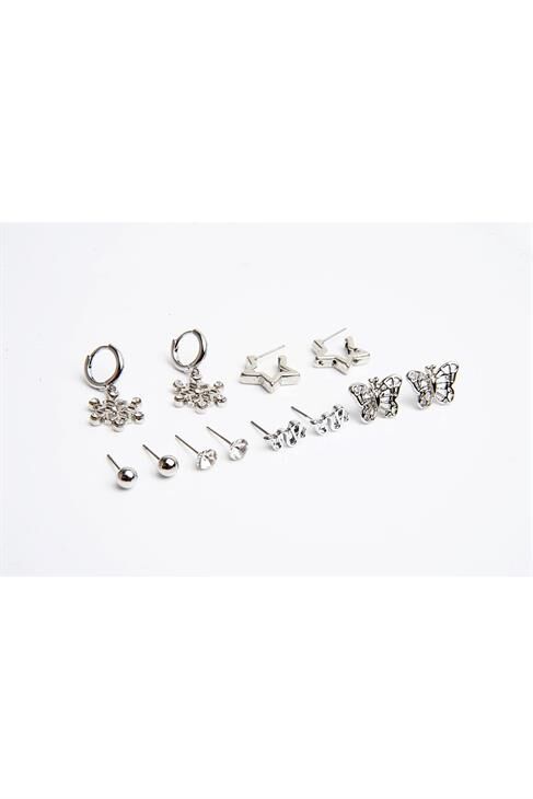 Kar Tanesi Kelebek ve Yılan Tasarımlı Yıldız Küpeli Top ve Tektaş Küpeli 6'lı Küpe Seti