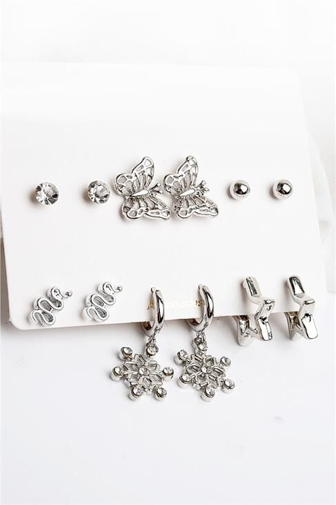 Kar Tanesi Kelebek ve Yılan Tasarımlı Yıldız Küpeli Top ve Tektaş Küpeli 6'lı Küpe Seti