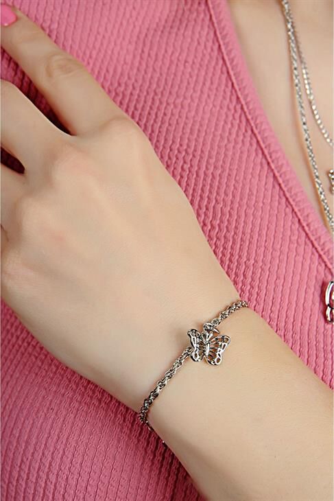 Kelebek Tasarımlı 2li Zincirli Kolye Küpe ve Bileklik Takımı