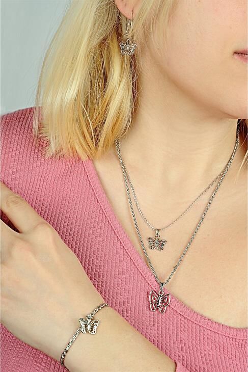 Kelebek Tasarımlı 2li Zincirli Kolye Küpe ve Bileklik Takımı