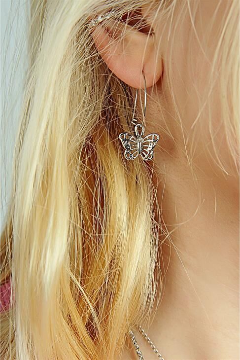 Kelebek Tasarımlı 2li Zincirli Kolye Küpe ve Bileklik Takımı