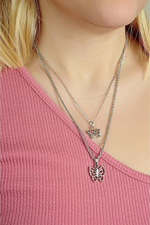 Kelebek Tasarımlı 2li Zincirli Kolye Küpe ve Bileklik Takımı