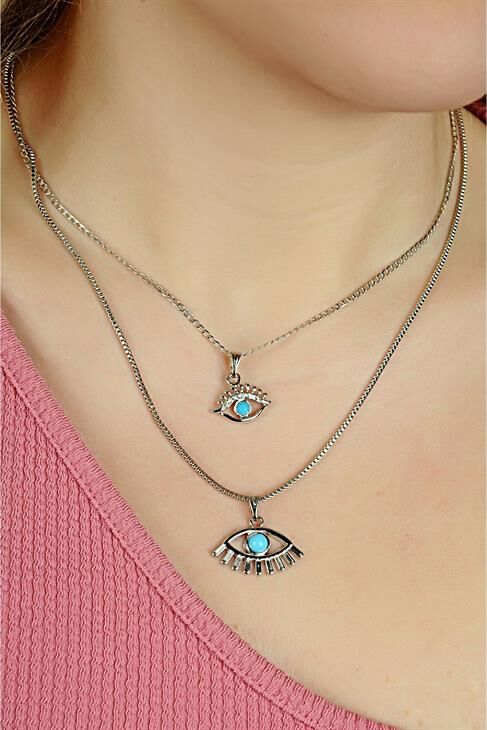 Göz Tasarımlı 2li Zincirli Kolye Küpe ve Bileklik Takımı