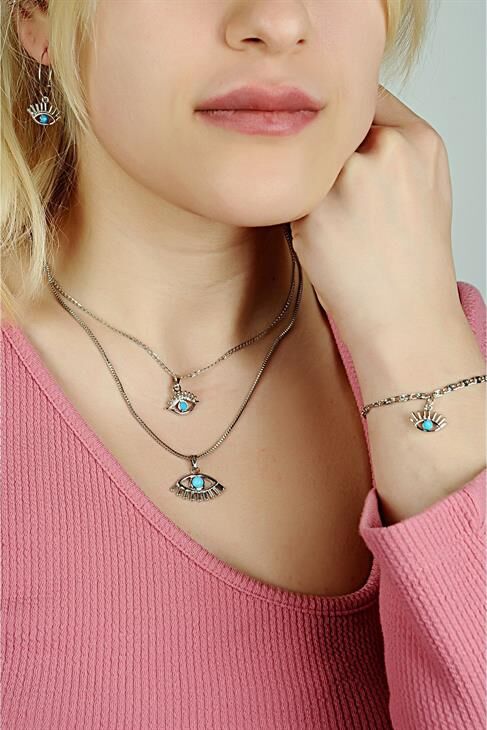 Göz Tasarımlı 2li Zincirli Kolye Küpe ve Bileklik Takımı