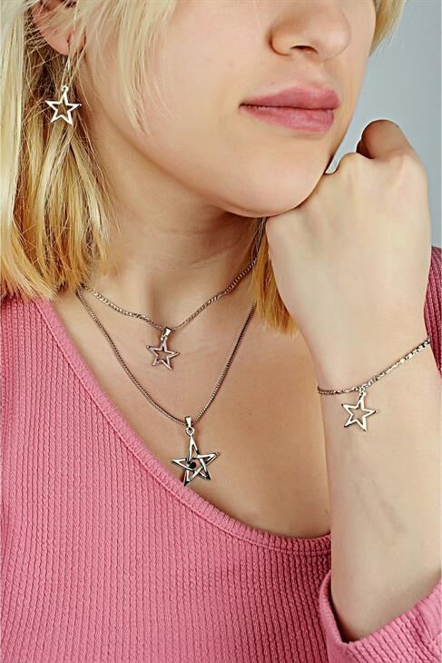 Yıldız Tasarımlı 2li Zincirli Kolye Küpe ve Bileklik Takımı