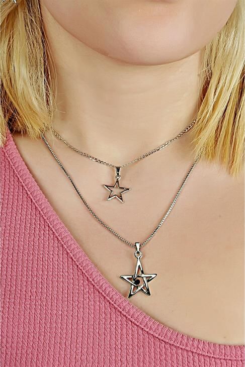 Yıldız Tasarımlı 2li Zincirli Kolye Küpe ve Bileklik Takımı