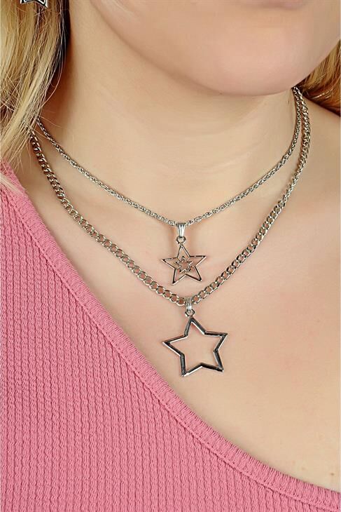 Yıldız Tasarımlı 2li Zincirli Kolye Küpe ve Bileklik Takımı