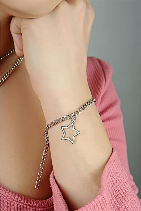 Yıldız Tasarımlı 2li Zincirli Kolye Küpe ve Bileklik Takımı
