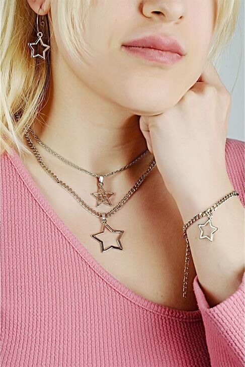 Yıldız Tasarımlı 2li Zincirli Kolye Küpe ve Bileklik Takımı