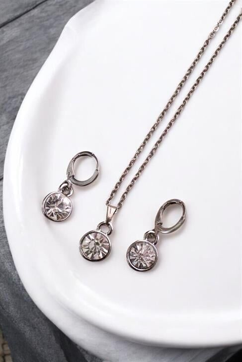 Sade Yuvarlak Taşlı Gümüş Renkli Taşlı Kolye Küpe Takım