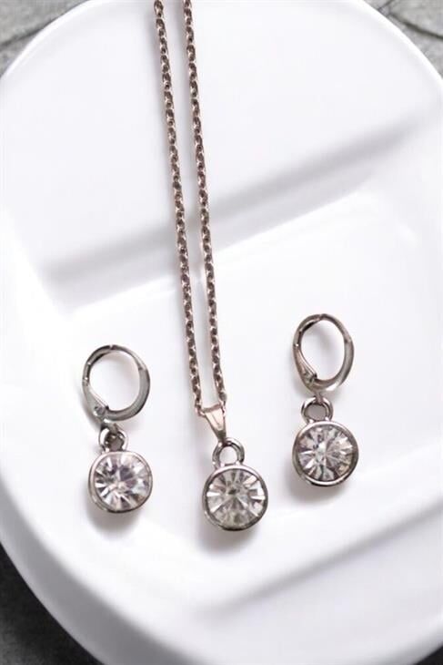 Sade Yuvarlak Taşlı Gümüş Renkli Taşlı Kolye Küpe Takım