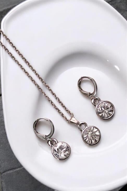 Sade Yuvarlak Taşlı Gümüş Renkli Taşlı Kolye Küpe Takım