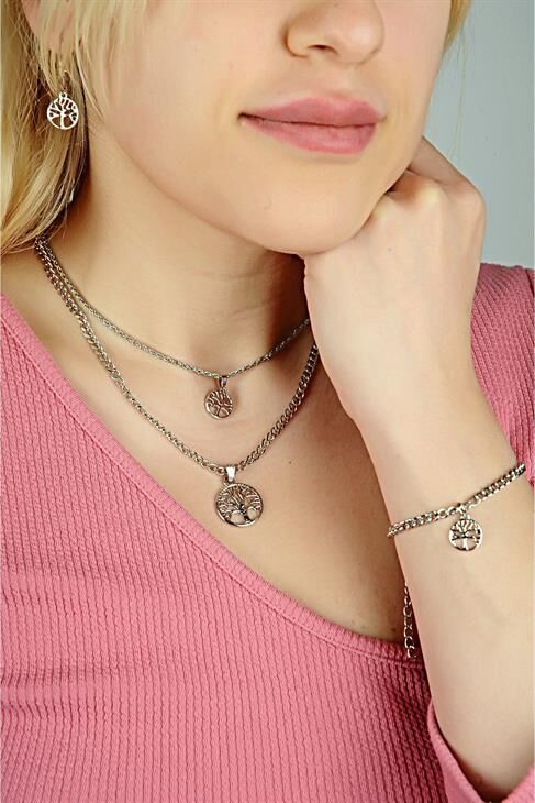 Yaşam Ağacı Tasarımlı 2li Zincirli Kolye Küpe ve Bileklik Takımı