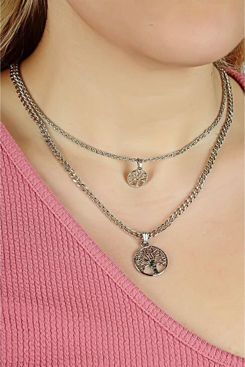 Yaşam Ağacı Tasarımlı 2li Zincirli Kolye Küpe ve Bileklik Takımı
