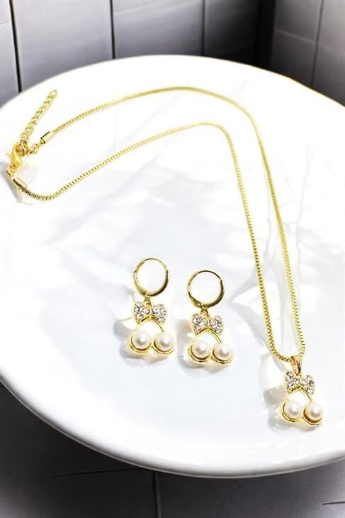 Damla Tasarımlı Zirkon Taşlı Kolye Küpe Takı Seti