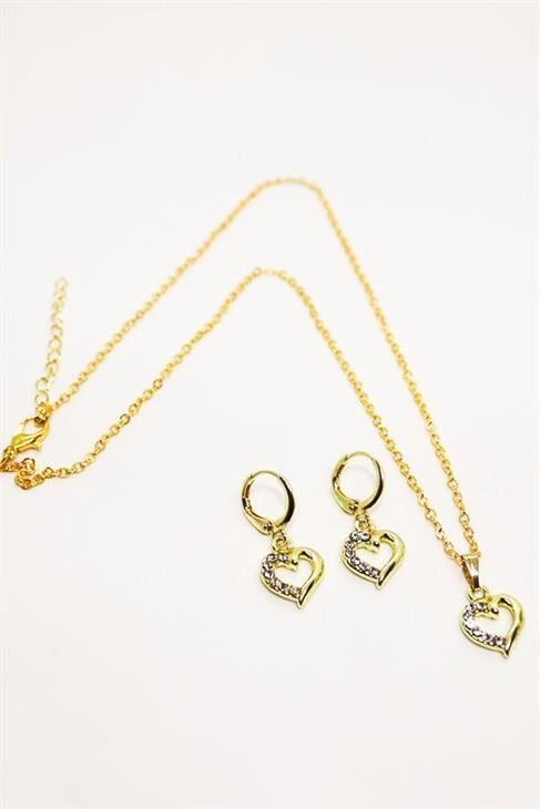 Kalp Tasarımlı Zirkon Taşlı Kolye Küpe Takı Seti