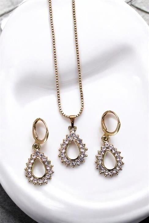 Damla Tasarımlı Zirkon Taşlı Kolye Küpe Takı Seti