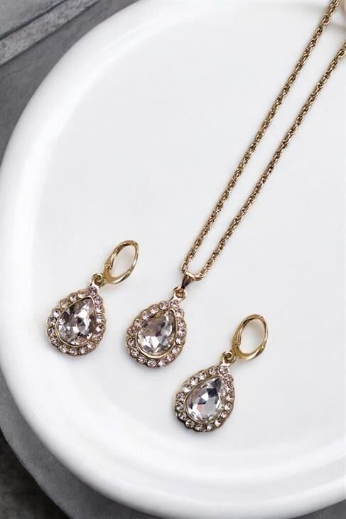 Damla Tasarımlı Zirkon Taşlı Kolye Küpe Takı Seti