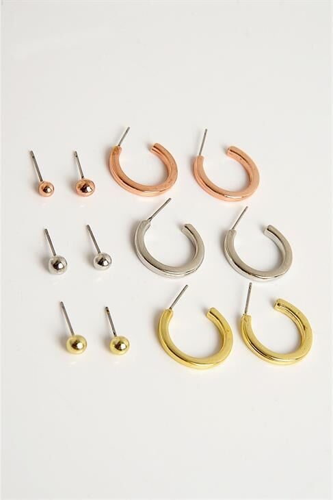 Gold Gümüş ve Rose Renkleri Halka ve Top Küpe Seti