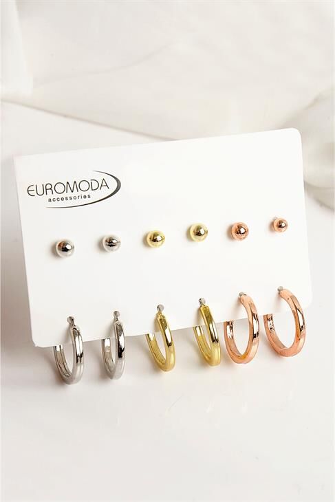 Gold Gümüş ve Rose Renkleri Halka ve Top Küpe Seti