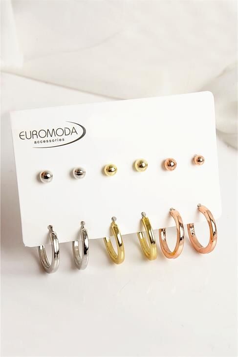 Gold Gümüş ve Rose Renkleri Halka ve Top Küpe Seti