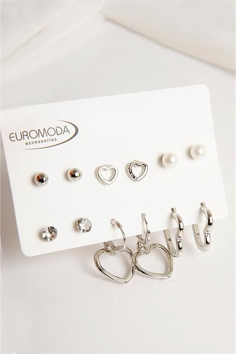 Kalp Tasarımlı Tektaş İnci Top ve Halka Küpeli 6lı Küpe Seti