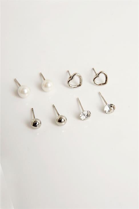 Kalp Tasarımlı Tektaş İnci Top ve Halka Küpeli 6lı Küpe Seti