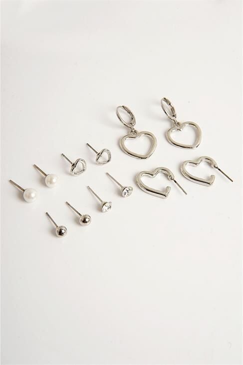 Kalp Tasarımlı Tektaş İnci Top ve Halka Küpeli 6lı Küpe Seti