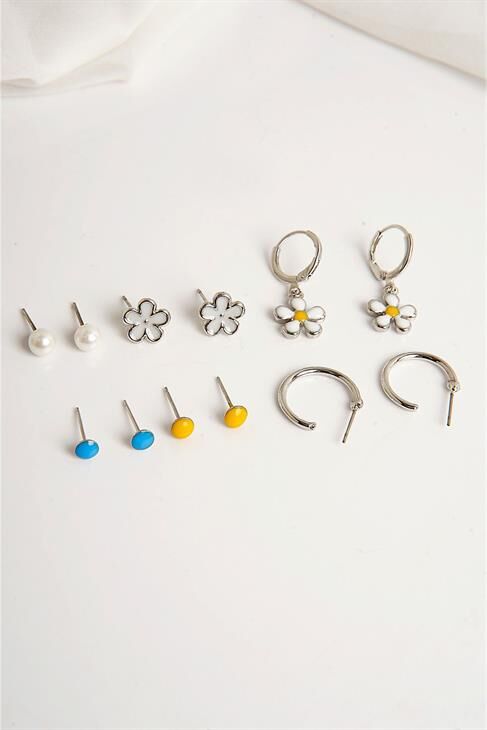 Papatya Tasarımlı İnci Top Halka ve Renkli Küpeli 6lı Küpe Seti