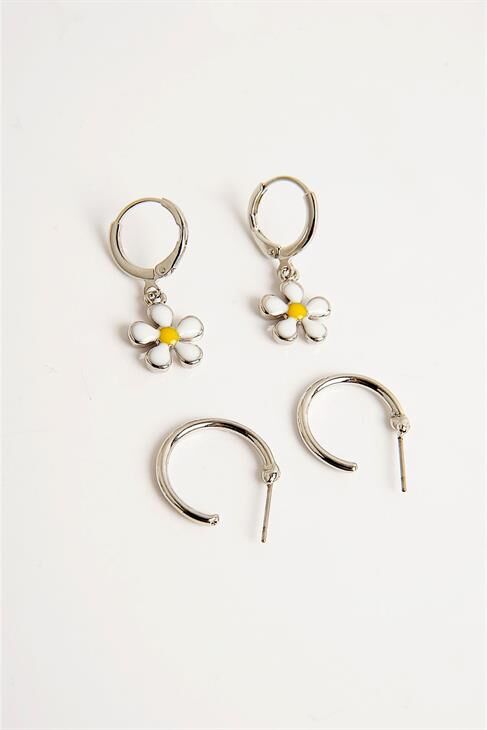 Papatya Tasarımlı İnci Top Halka ve Renkli Küpeli 6lı Küpe Seti