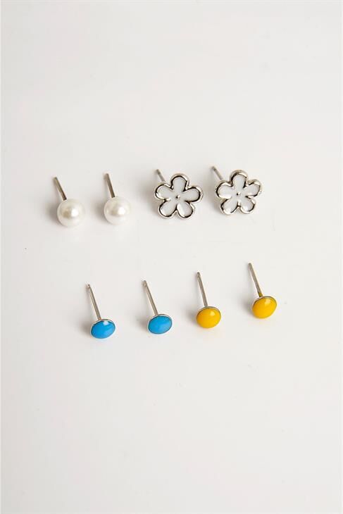 Papatya Tasarımlı İnci Top Halka ve Renkli Küpeli 6lı Küpe Seti