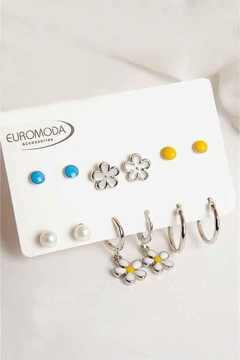 Papatya Tasarımlı İnci Top Halka ve Renkli Küpeli 6lı Küpe Seti