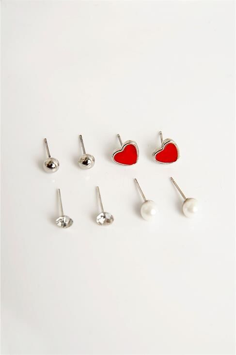 Kiraz ve Kalp Tasarımlı İnci Top Halka ve Tektaş Küpeli 6lı Küpe Seti