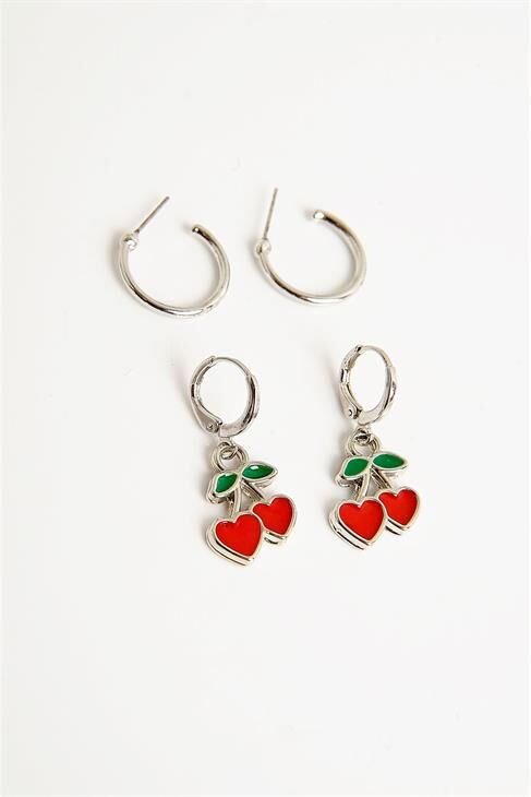 Kiraz ve Kalp Tasarımlı İnci Top Halka ve Tektaş Küpeli 6lı Küpe Seti