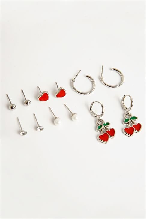 Kiraz ve Kalp Tasarımlı İnci Top Halka ve Tektaş Küpeli 6lı Küpe Seti