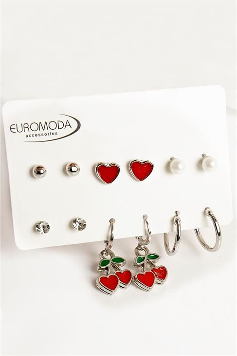 Kiraz ve Kalp Tasarımlı İnci Top Halka ve Tektaş Küpeli 6lı Küpe Seti