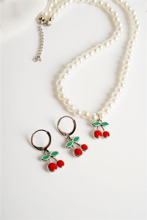 Kiraz Tasarımlı İnci Kolye Küpe Takım
