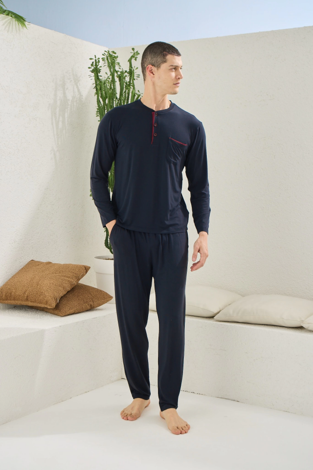 Kocabey 9220 Erkek Midi Yaka Uzun Kol Pijama Takım