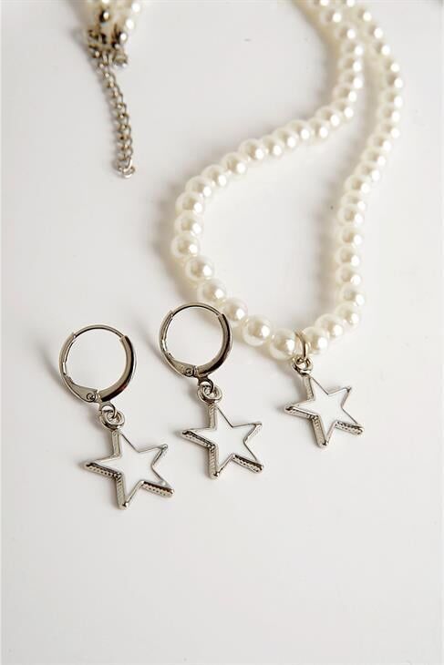 Yıldız Tasarımlı İnci Kolye Küpe Takım