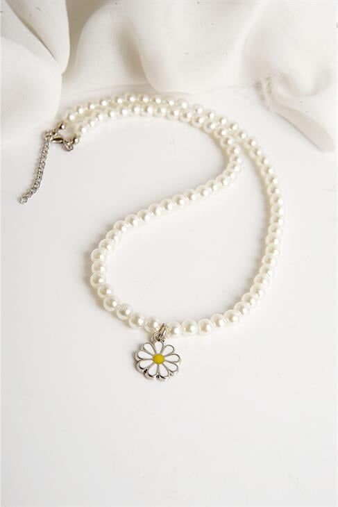 Papatya Tasarımlı İnci Kolye Küpe Takım