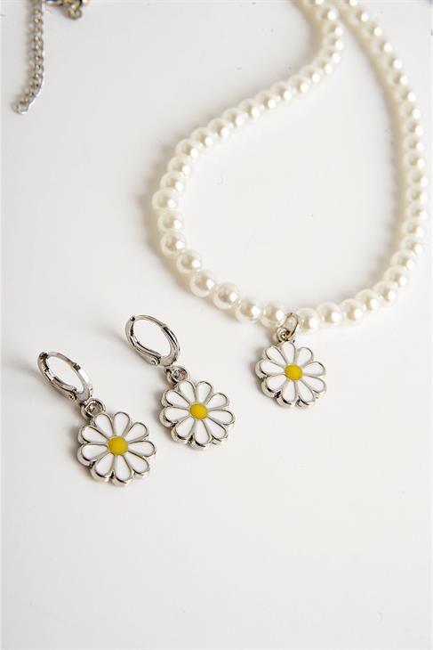 Papatya Tasarımlı İnci Kolye Küpe Takım