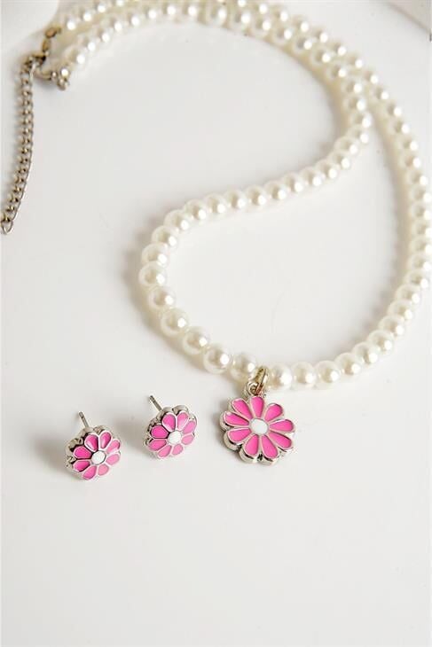 Papatya Tasarımlı İnci Kolye Küpe Takım