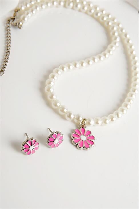 Papatya Tasarımlı İnci Kolye Küpe Takım