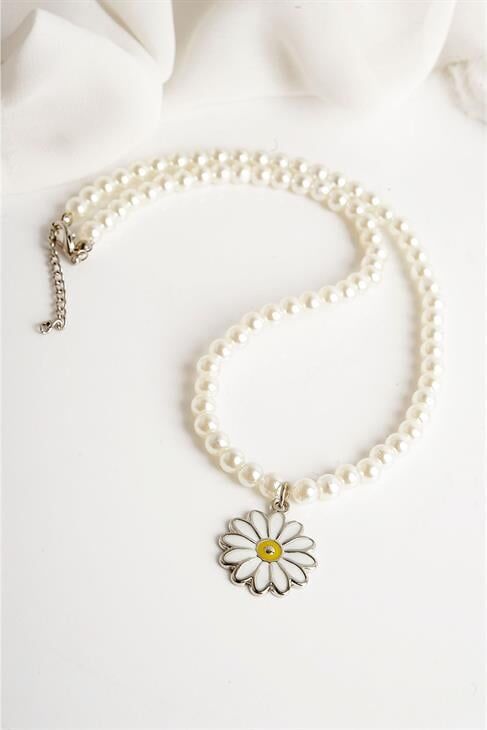 Papatya Tasarımlı İnci Kolye Küpe Takım