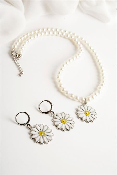 Papatya Tasarımlı İnci Kolye Küpe Takım