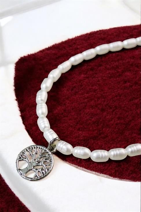 Desenli İncili Yaşam Ağacı Tasarımlı Gümüş Kaplamalı İnci Kolye