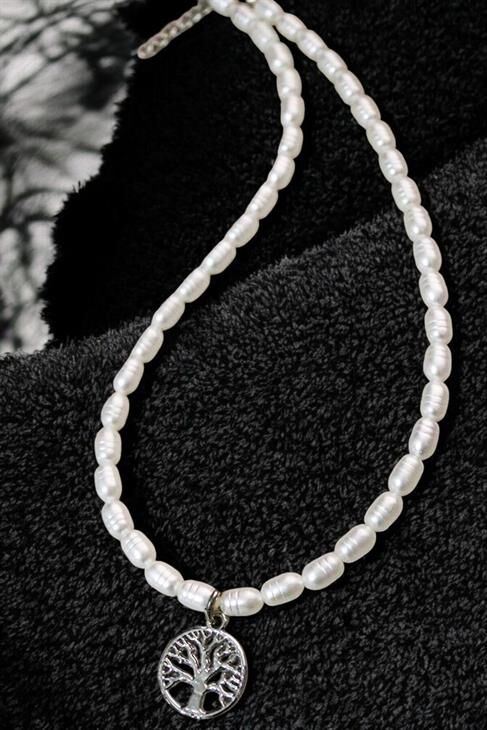 Desenli İncili Yaşam Ağacı Tasarımlı Gümüş Kaplamalı İnci Kolye