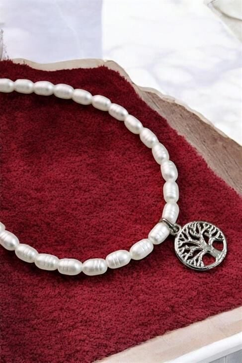 Desenli İncili Yaşam Ağacı Tasarımlı Gümüş Kaplamalı İnci Kolye